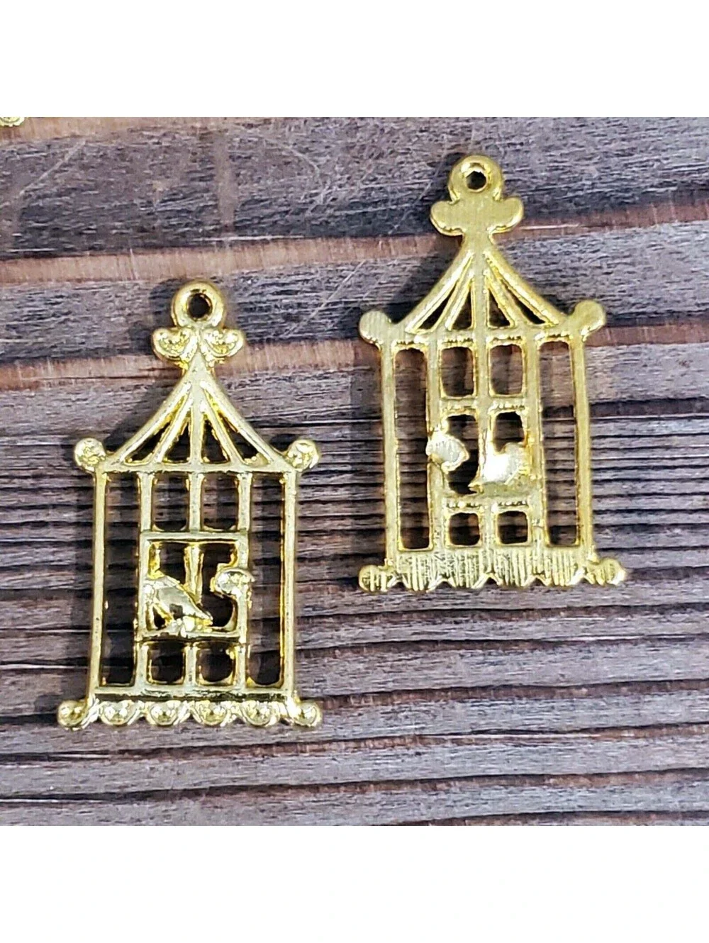 Gold 14K Plated Pewter Art Deco Nouveau Bird & Cage Pendants 29x18mm 2 pcs